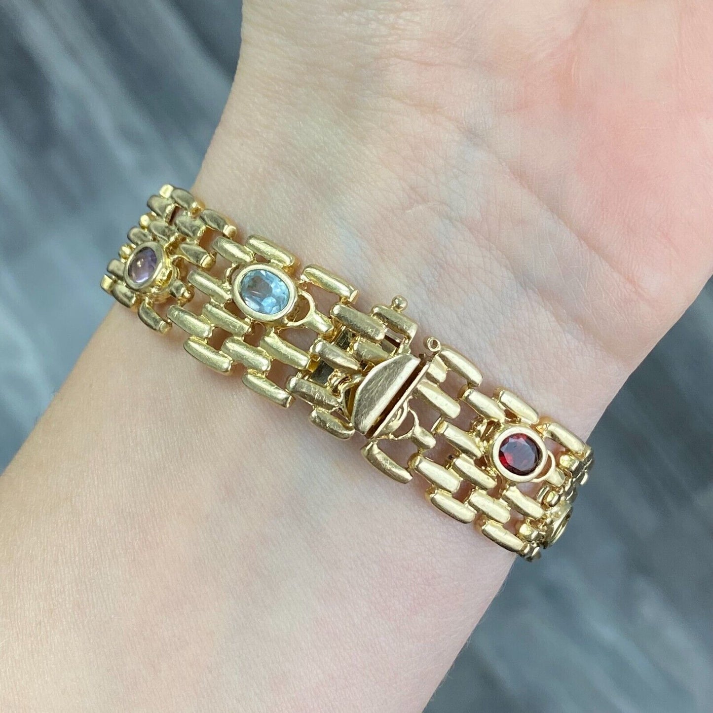 14k Yellow Gold Wide Mesh Btacelet With Gemstones