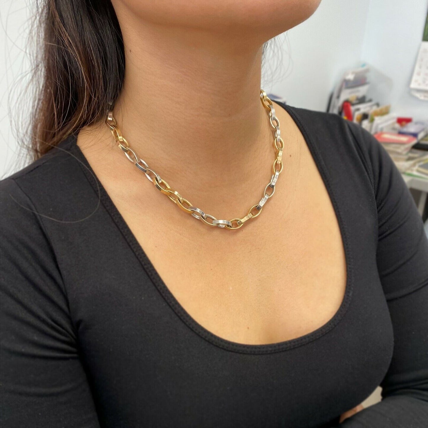 14k 2-Tone Yellow & White Gold Chain Rolo Oval Big Links Necklace 18inch