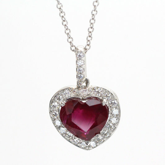 14k White Gold Heart Shape Ruby & Diamond Pendant W/ 18" Chain Gia Certificate