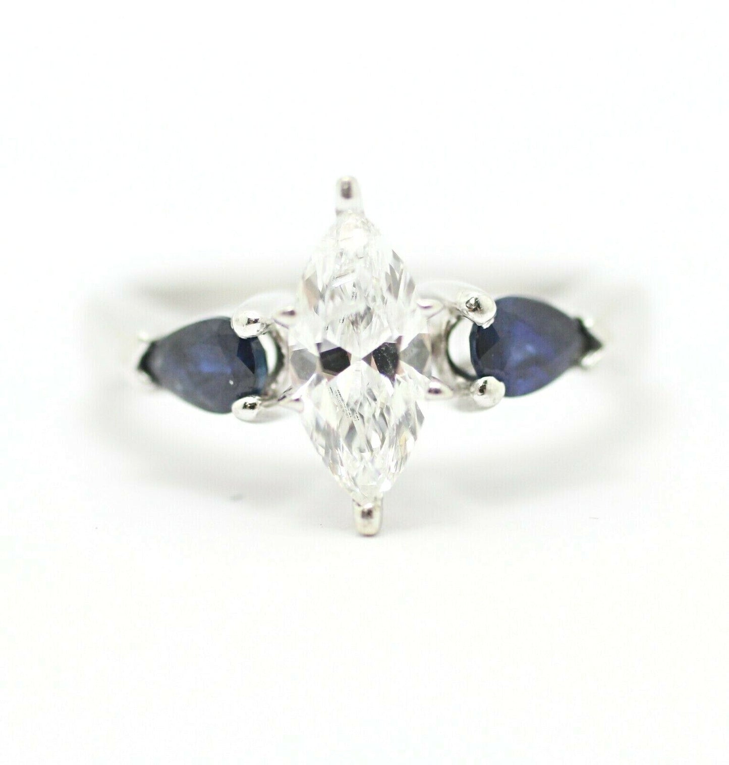 Marquise Diamond and Pearshaped Blue Sapphire Solitaire Ring in 14k White Gold