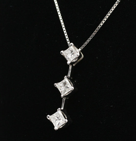 3 Princess Cut Diamond Drop Pendant in 14k White Gold 17"