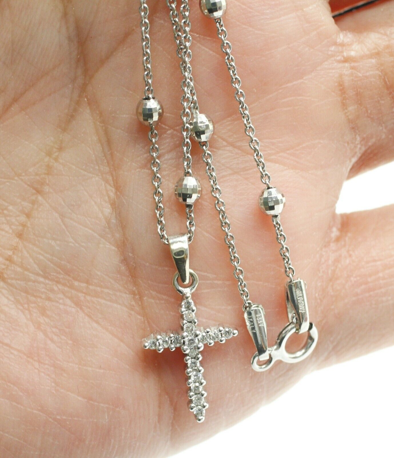 14k White Gold Cross Pendant With Diamond in Beads Rolo Chain