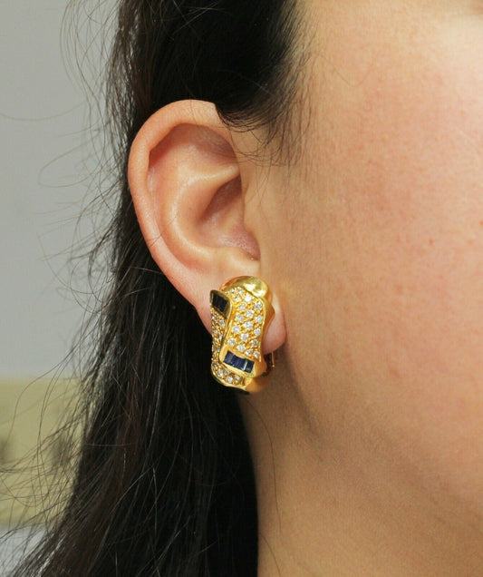 18k Yellow Gold Egyptian Inspired Pave Diamond & Tapered Blue Sapphire Earrings