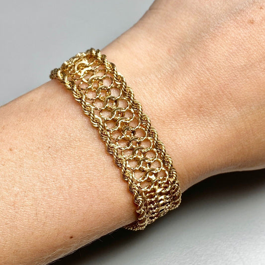 14k Yellow Gold Chain Wide Lace Rope Bracelet 25.6gr 7"