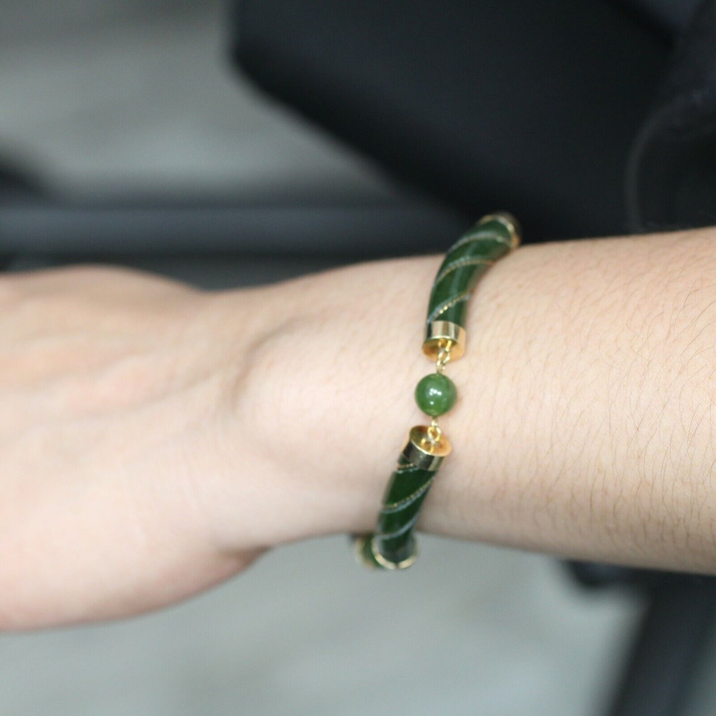 Vintage Forest Green Jade Gemstone Bracelet in 14k Yellow Gold 7.5"