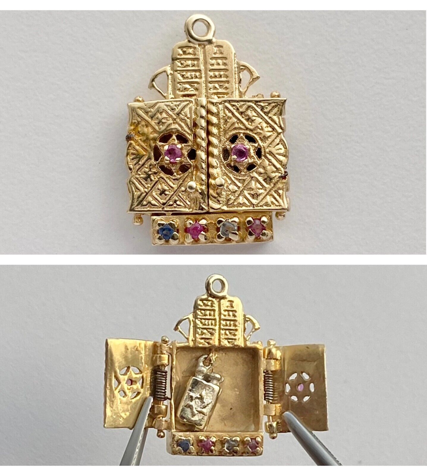 14k Yellow Gold Torah Ark Pendant With David's Star Locket Jewish