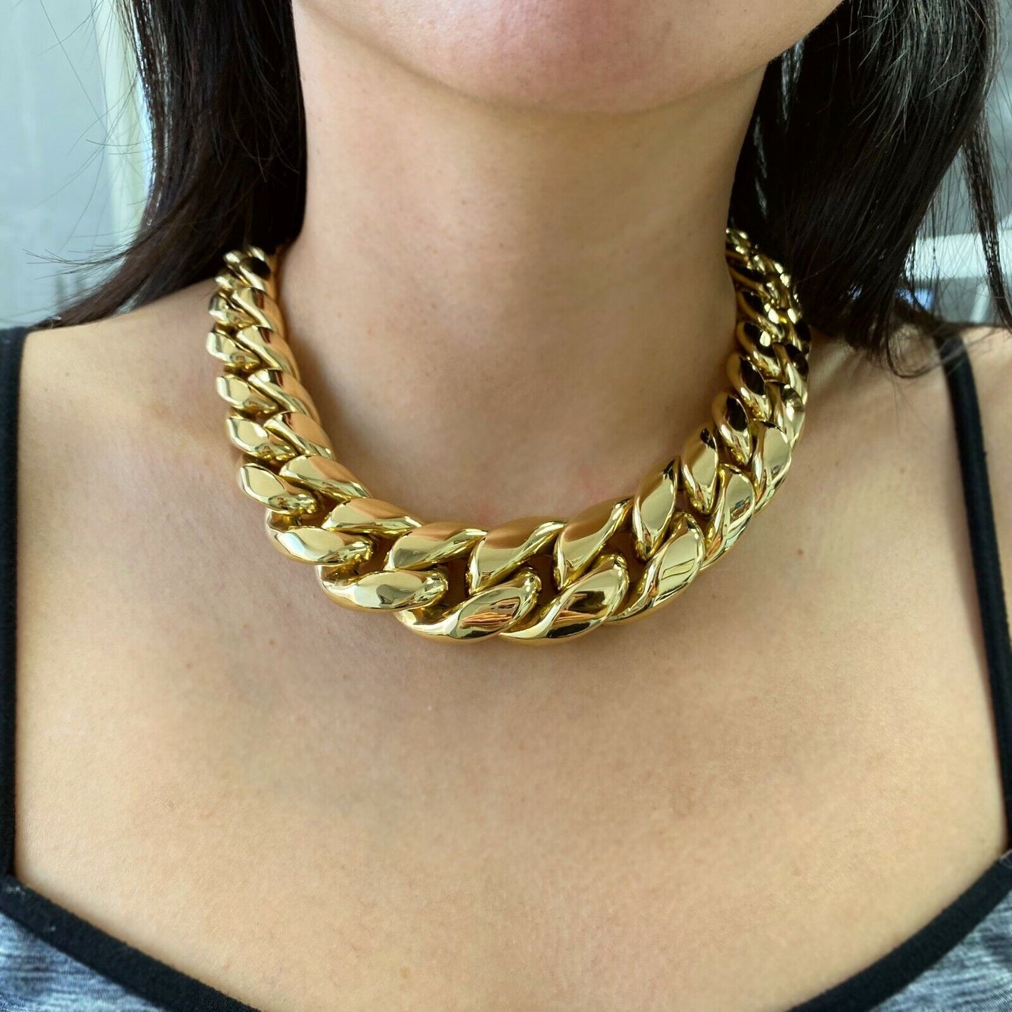 18k Yellow Gold Hollow Cuban Graduated Choker Chain Necklace