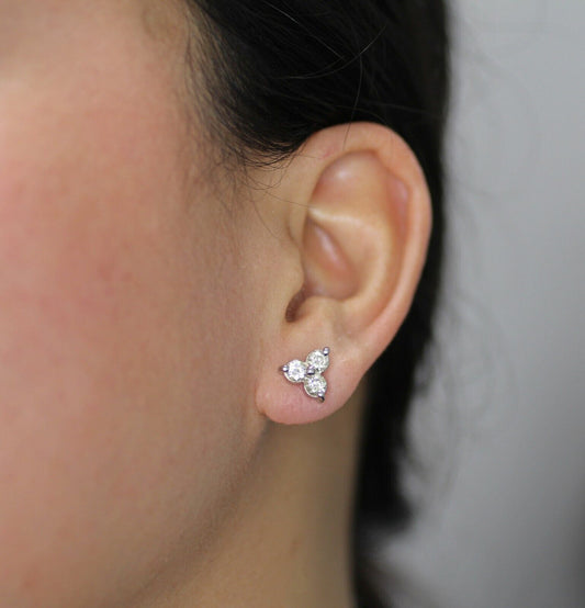 Diamond 3 Stone Stud Earrings 14k White Gold