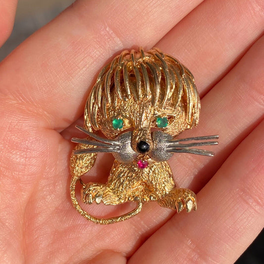 14k Gold Little Lion Kitty Cat Brooch Pin With Ruby, Emerald, Onyx 15.1g