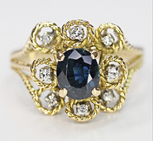 14k Yellow Gold Vintage Blue Sapphire and Diamonds Ring 8.75us