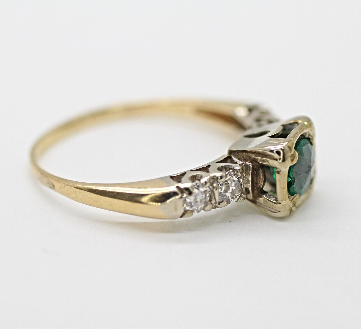 14k Two Tone Gold Emerald Old Cut Ring With Diamonds 0.26ctw 6us