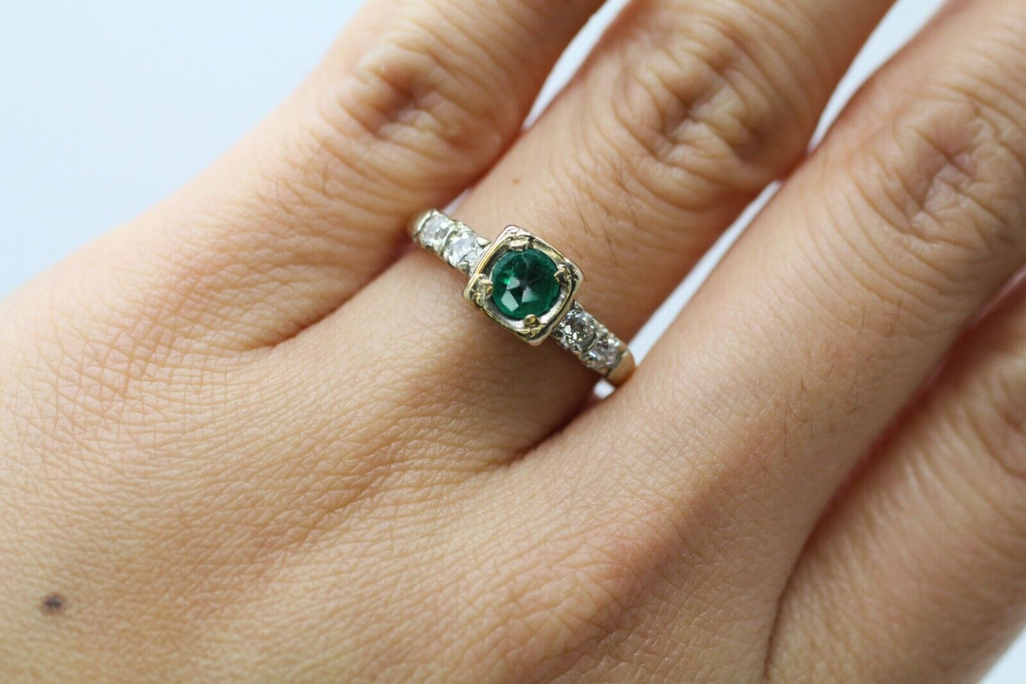 14k Two Tone Gold Emerald Old Cut Ring With Diamonds 0.26ctw 6us
