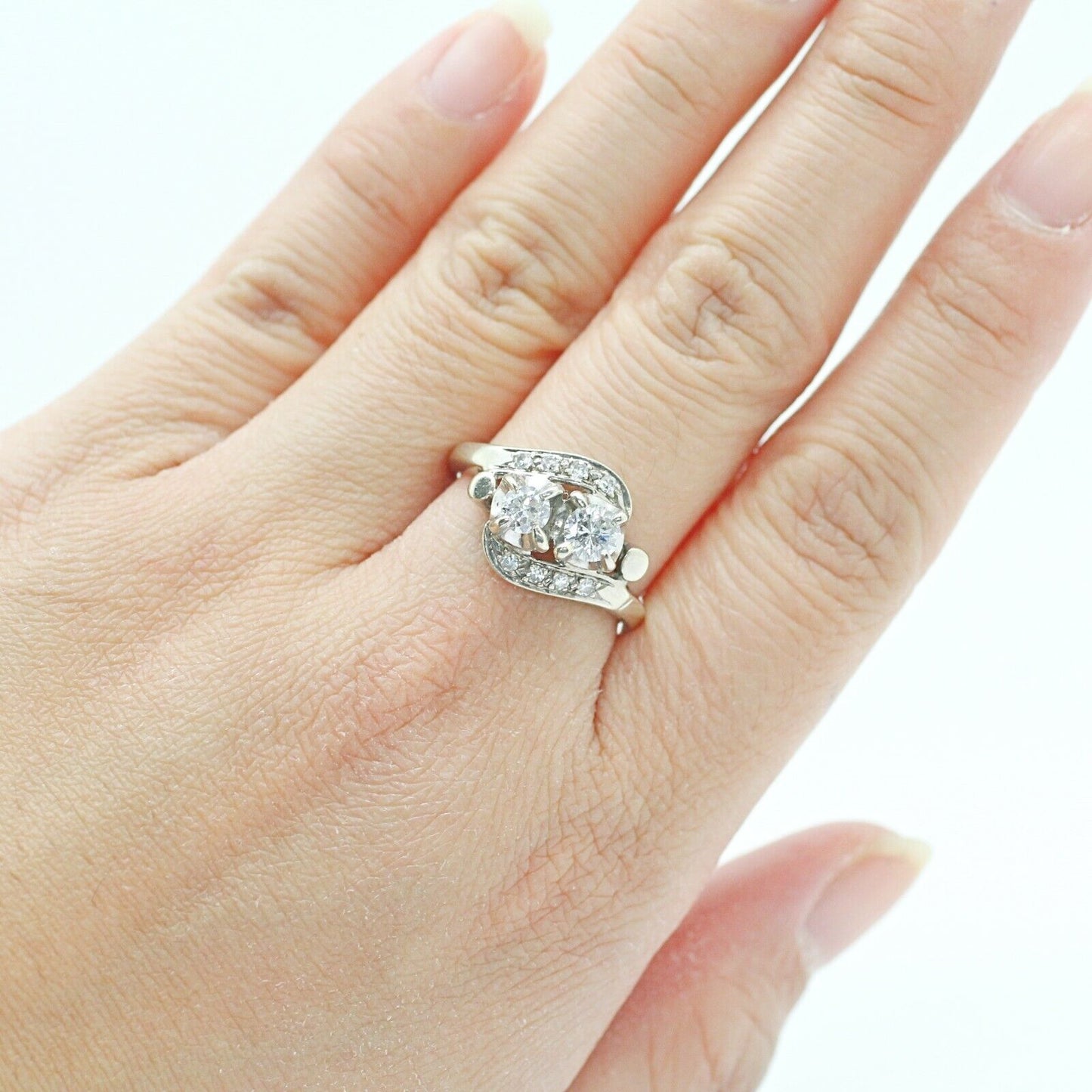 Vintage Two Stone Diamond Engagement Ring in 14k White Gold 7.75us