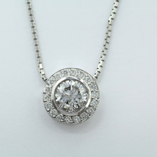 14k White Gold Diamond Halo Round Pendant With Chain Necklace 1.31cttw