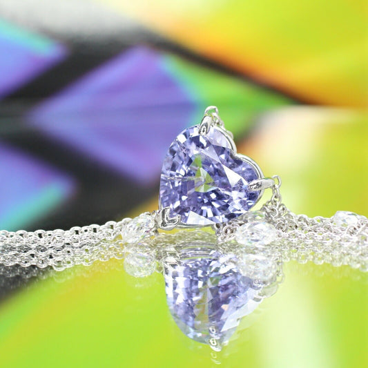 5.53 Carat Heart Shape Violet Sapphire Pendant With Briolette Diamonds 18"