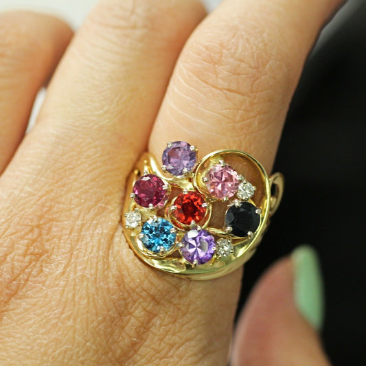 Multi-Color Natural Gemstone Cluster Ring in 14k Yellow Gold