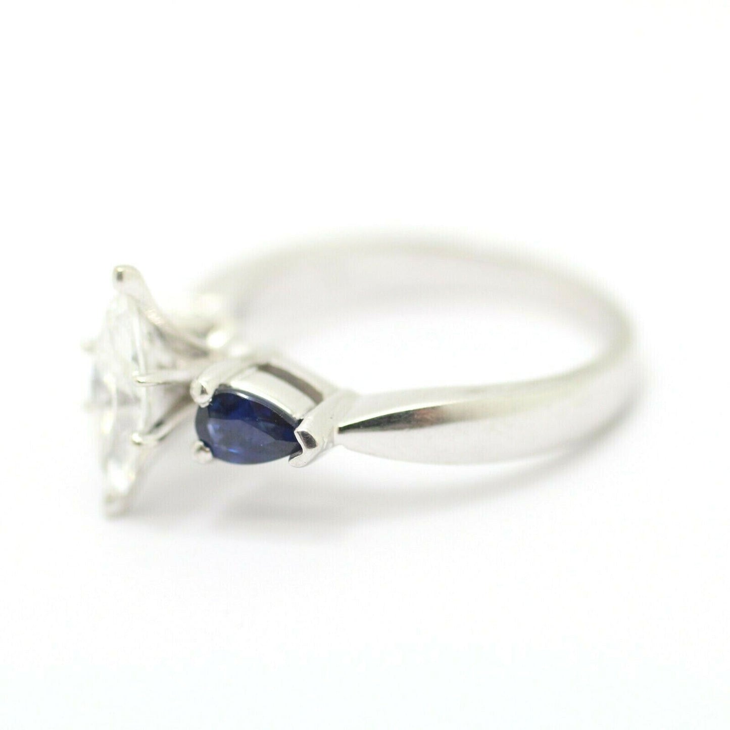 Marquise Diamond and Pearshaped Blue Sapphire Solitaire Ring in 14k White Gold