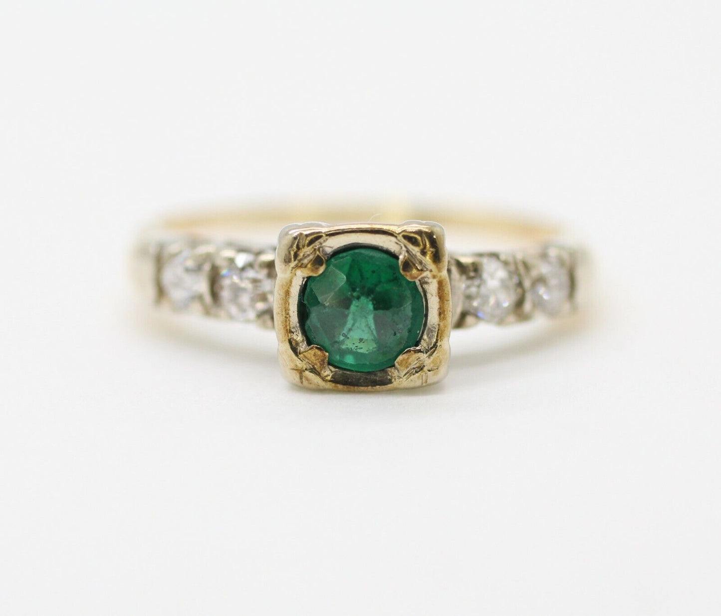 14k Two Tone Gold Emerald Old Cut Ring With Diamonds 0.26ctw 6us