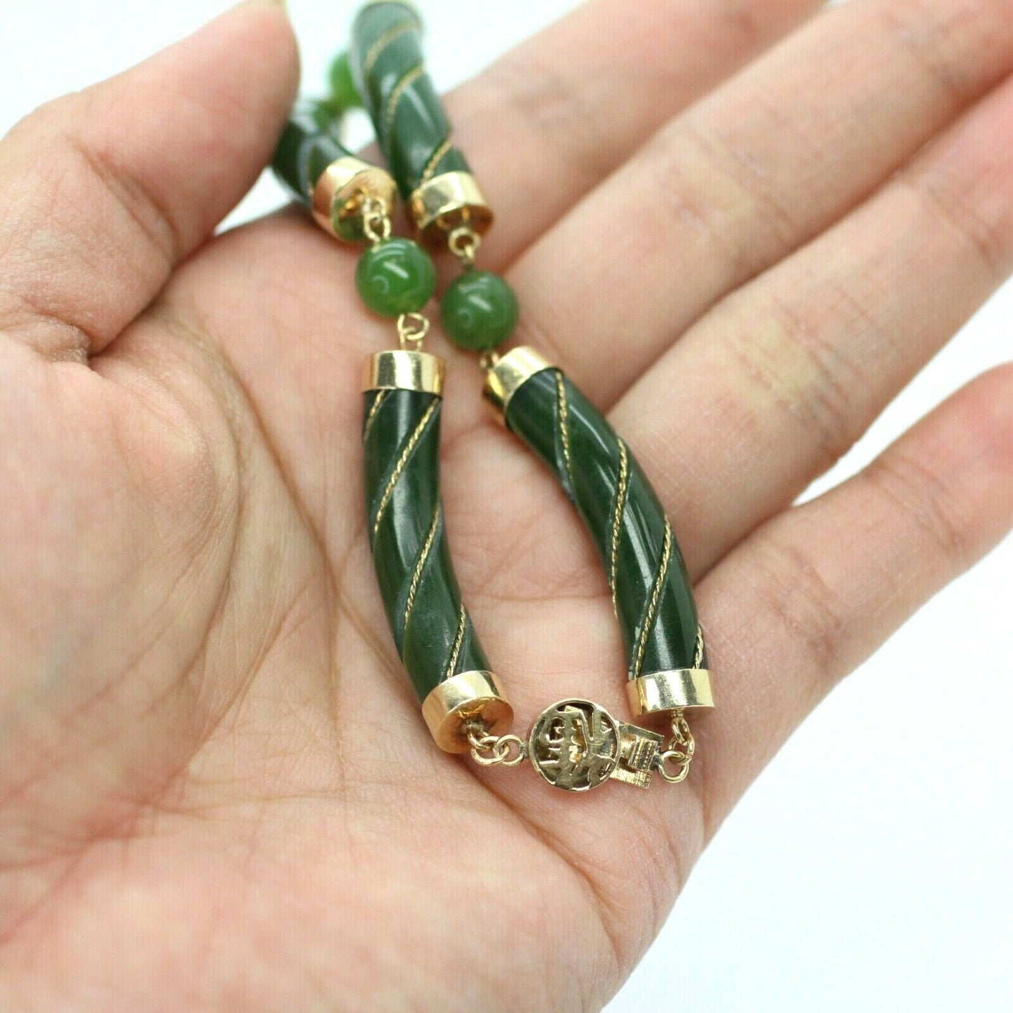 Vintage Forest Green Jade Gemstone Bracelet in 14k Yellow Gold 7.5"