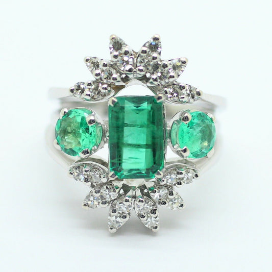Vintage 14k White Gold Colombian Emerald & Diamond Ring 2.50ctw