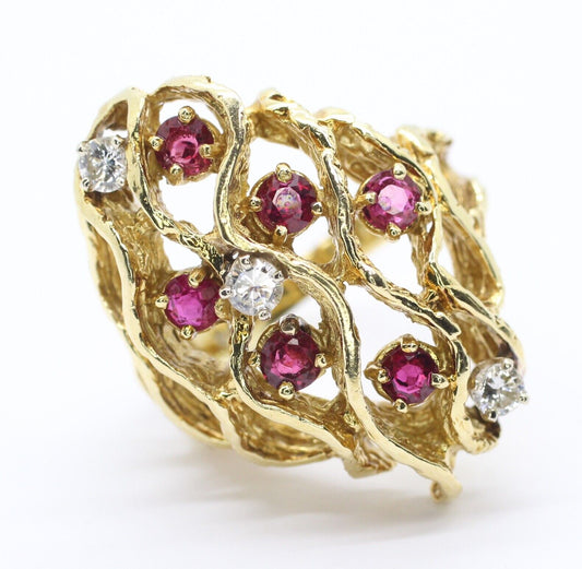 18kt Yellow Gold Coral Branch Style Ring With Diamond and Ruby Gemstone 6.50us