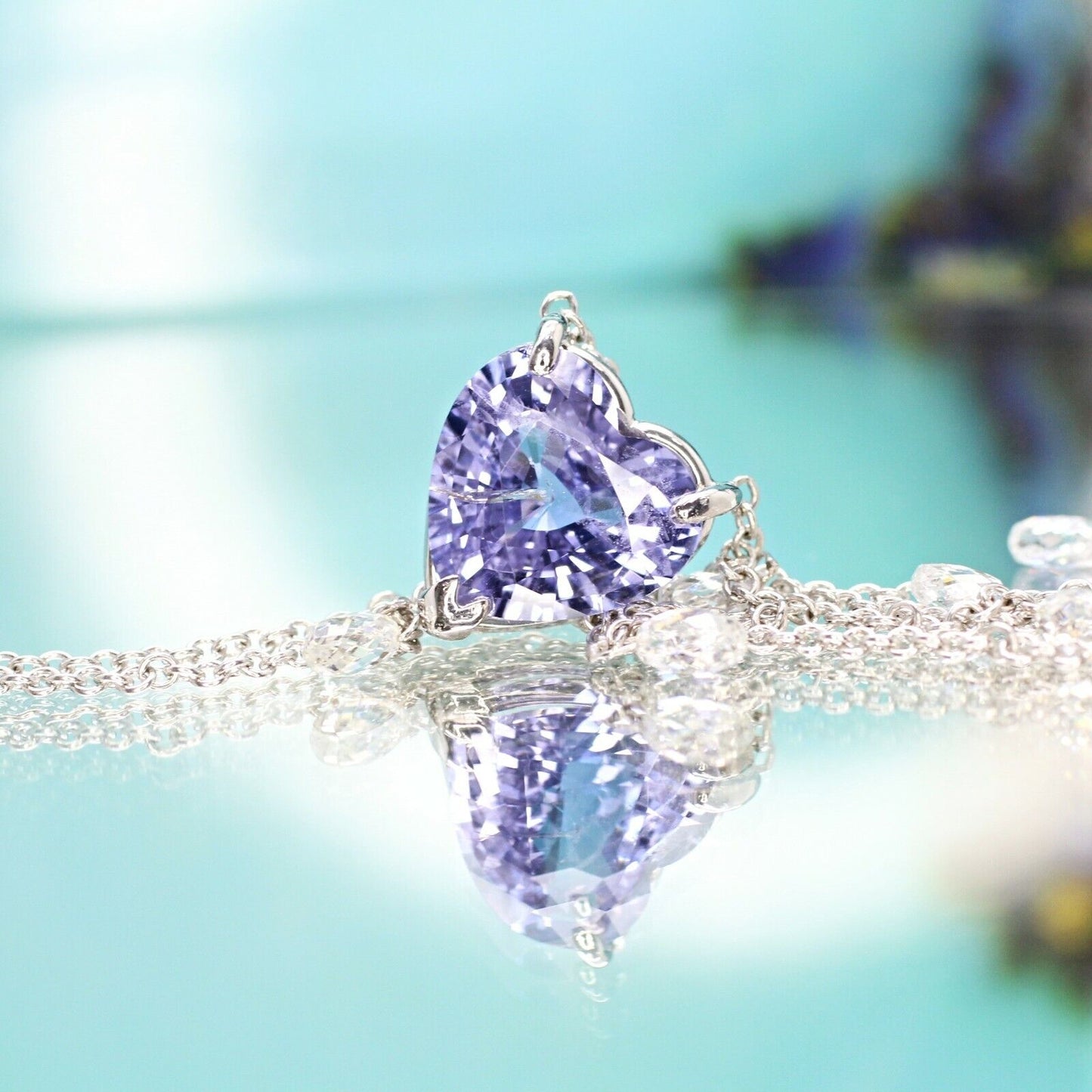 5.53 Carat Heart Shape Violet Sapphire Pendant With Briolette Diamonds 18"