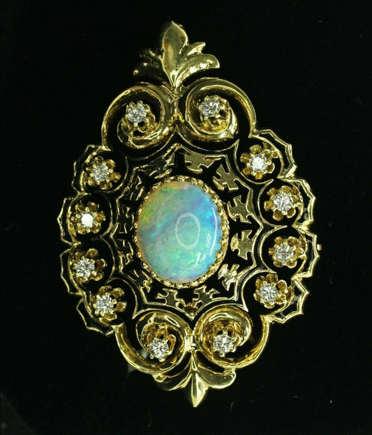 14k Yellow Gold Vintage Oval Opal With Diamonds Pin/Brooch 12.80grs