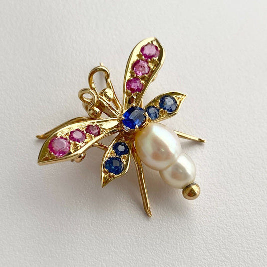14k Gold Dragonfly Pendant Brooch Pin W/ Blue & Pink Sapphire & Pearl Butterfly