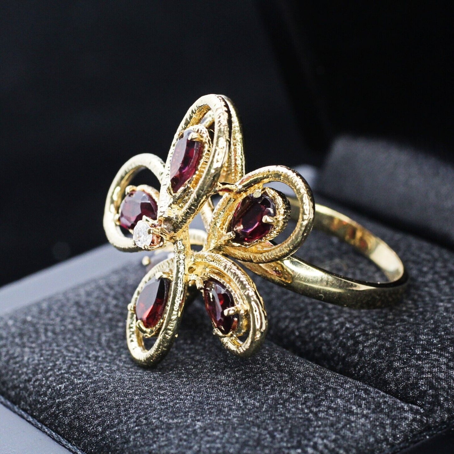 Garnet & Diamond Flower Cocktail Ring in 14k Yellow Gold 6.5us