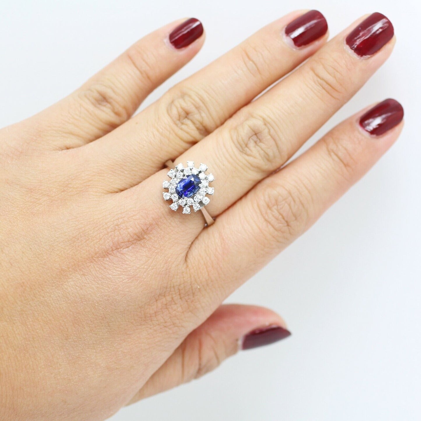 Classic Oval Blue Sapphire With Diamonds Cluster Ring in 18k White Gold 7us