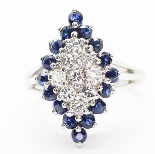 14k White Gold Vintage Diamond and Blue Sapphire Cluster Ring 4.75us