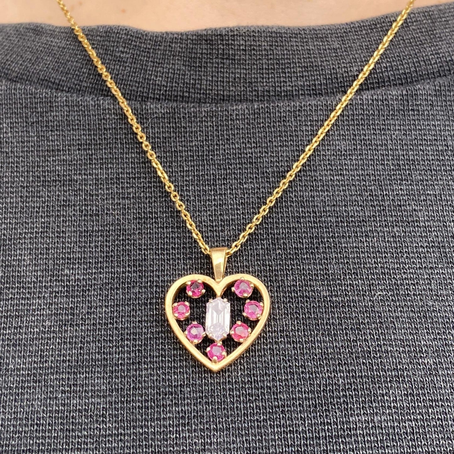 0.60ctw Heart Necklace Diamond & Ruby 14K Yellow Gold 4.0G