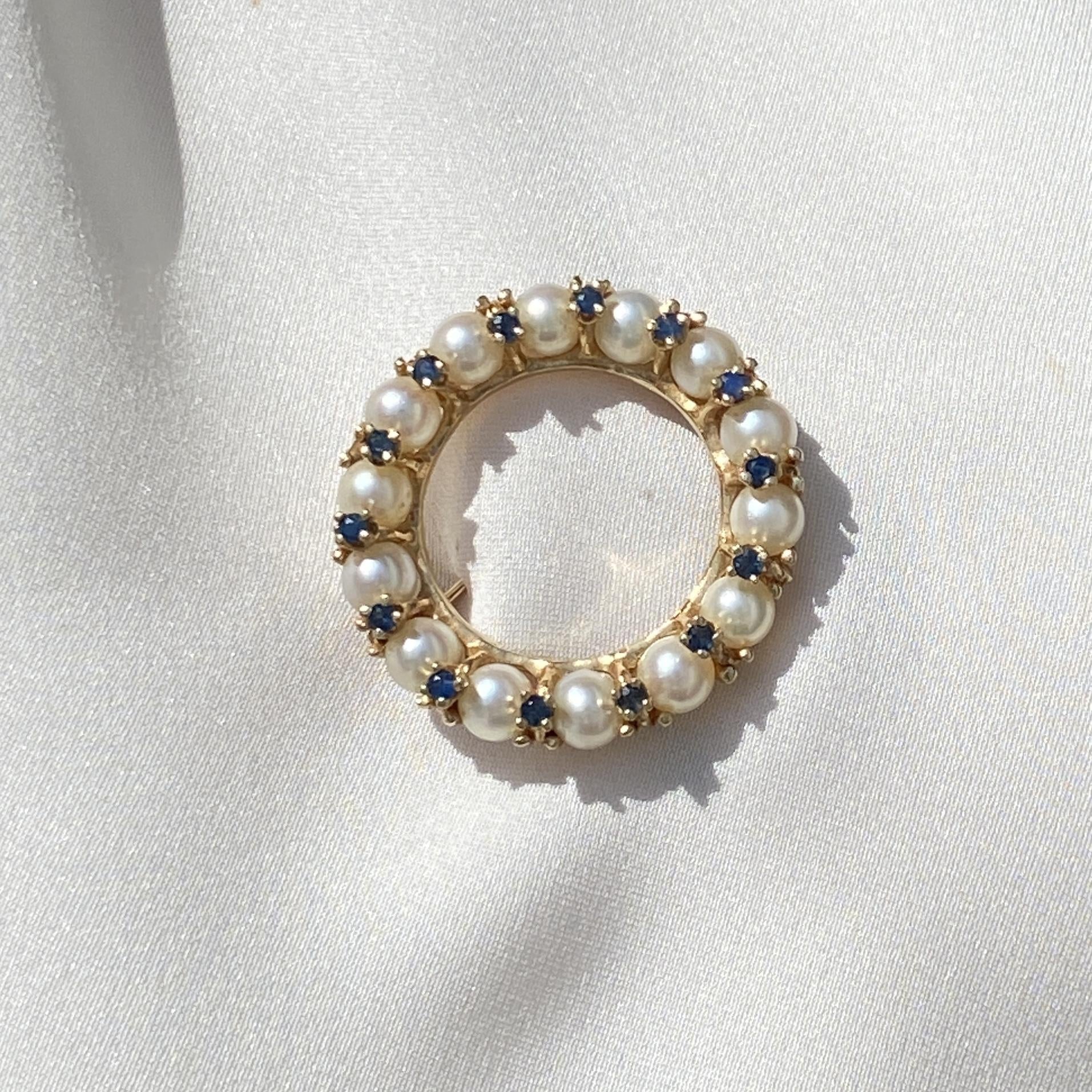 Brooch Pearls & Sapphire 14 Yellow Gold 10.98G
