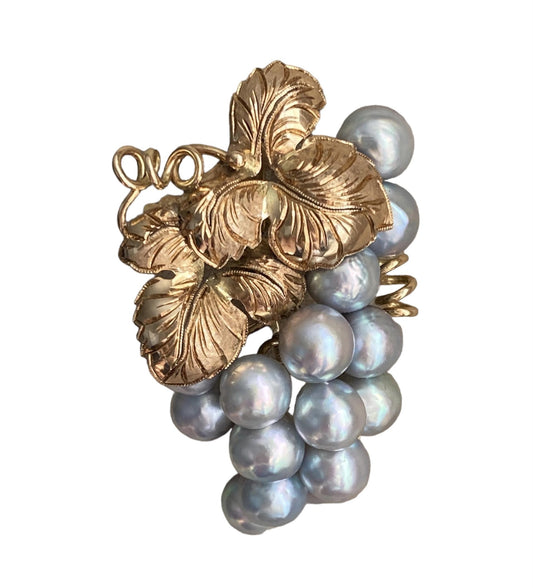 Brooch Hand Engraved Pearl Grape Cluster 14K Yellow Gold 22.07G