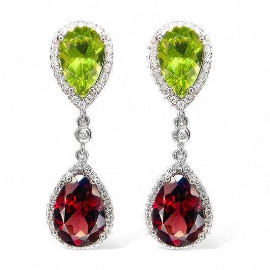 4.89 cttw Garnet & 2.76 cttw Peridot & Diamond Drop Earrings in 18K White Gold