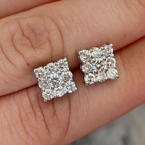 14k White Gold Diamond Cluster Square Stud Earrings 1.58 CTTW