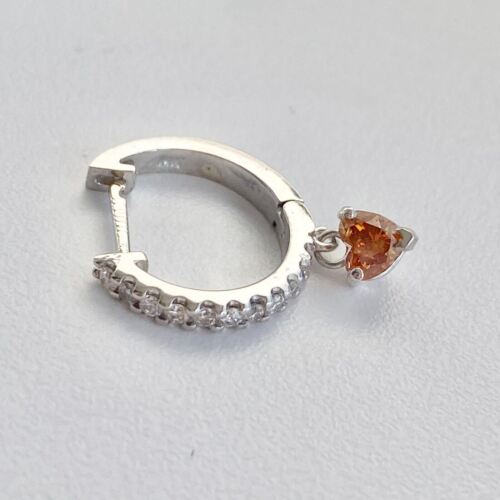 14k White Gold Diamond 0.5 Inch Hoop Earrings With Orange Heart Cut Diamond