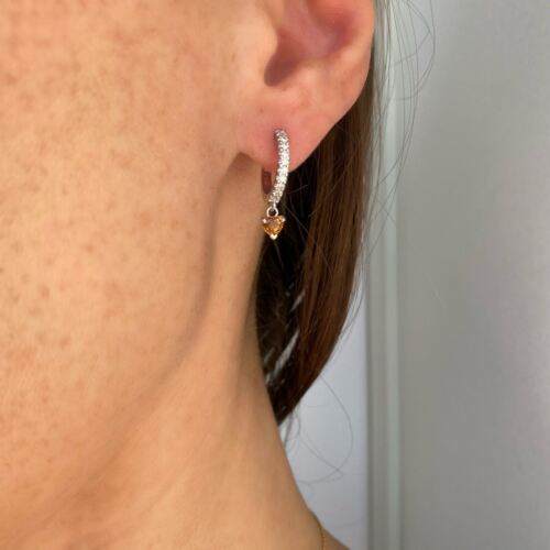 14k White Gold Diamond 0.5 Inch Hoop Earrings With Orange Heart Cut Diamond