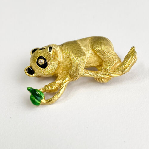 18k Yellow Gold Panda Diamond & Enamel Brooch