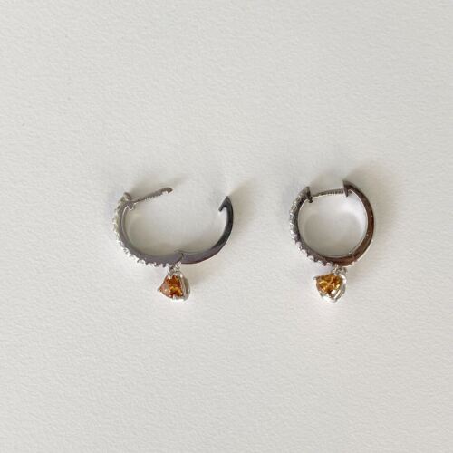 14k White Gold Diamond 0.5 Inch Hoop Earrings With Orange Heart Cut Diamond