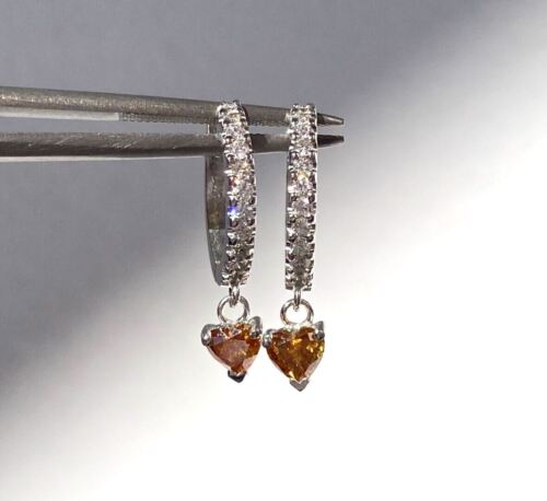 14k White Gold Diamond 0.5 Inch Hoop Earrings With Orange Heart Cut Diamond