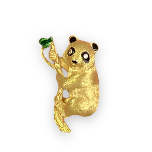 18k Yellow Gold Panda Diamond & Enamel Brooch