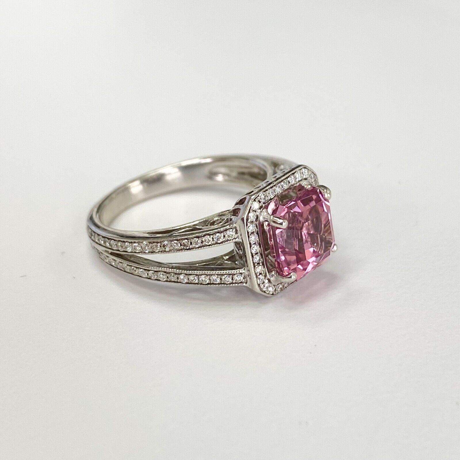 18k Gold Pink Spinel & Diamond Halo Split Shank Ring  5.75us