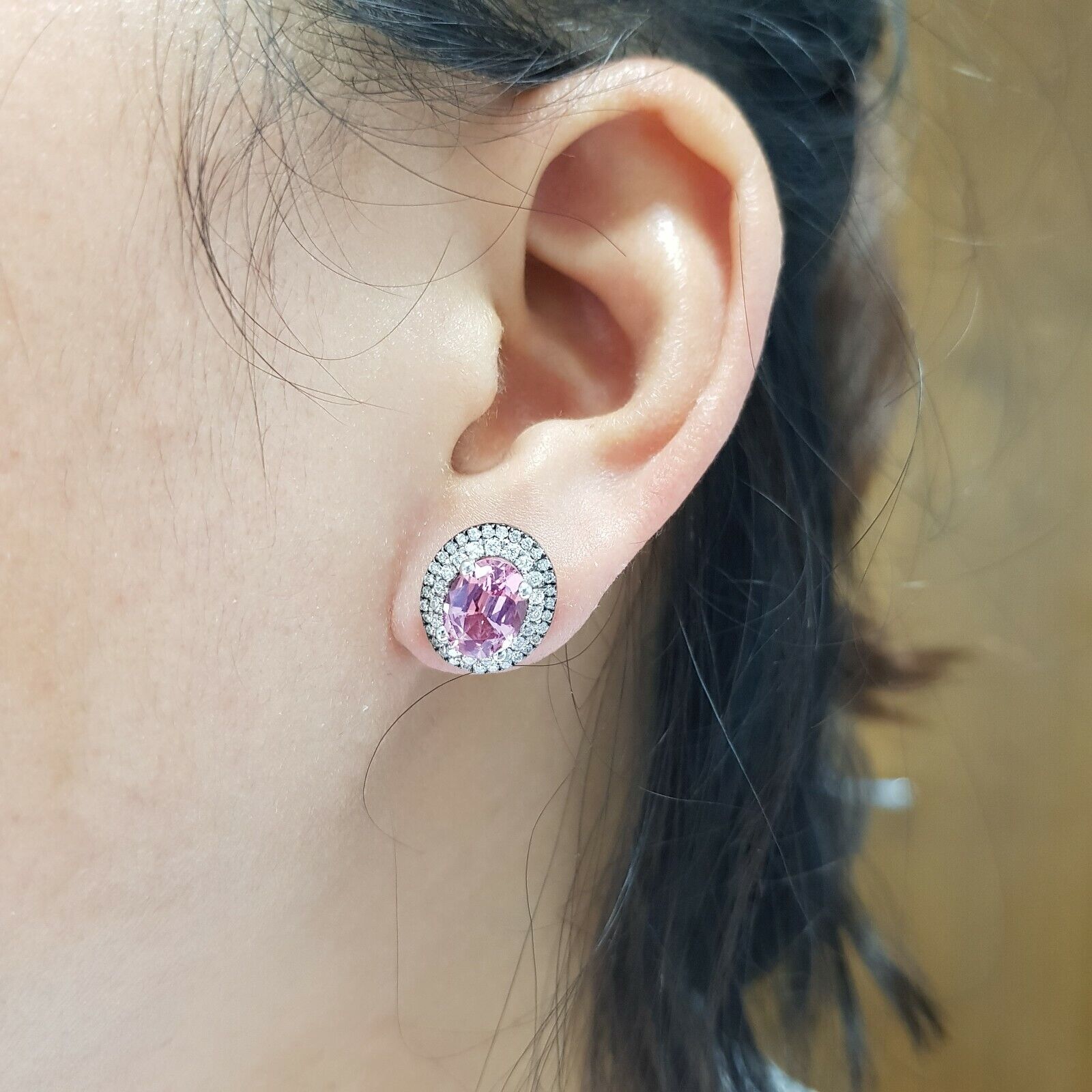 14K White Gold Pink & Gray Spinel 4ctw And Diamonds Earrings