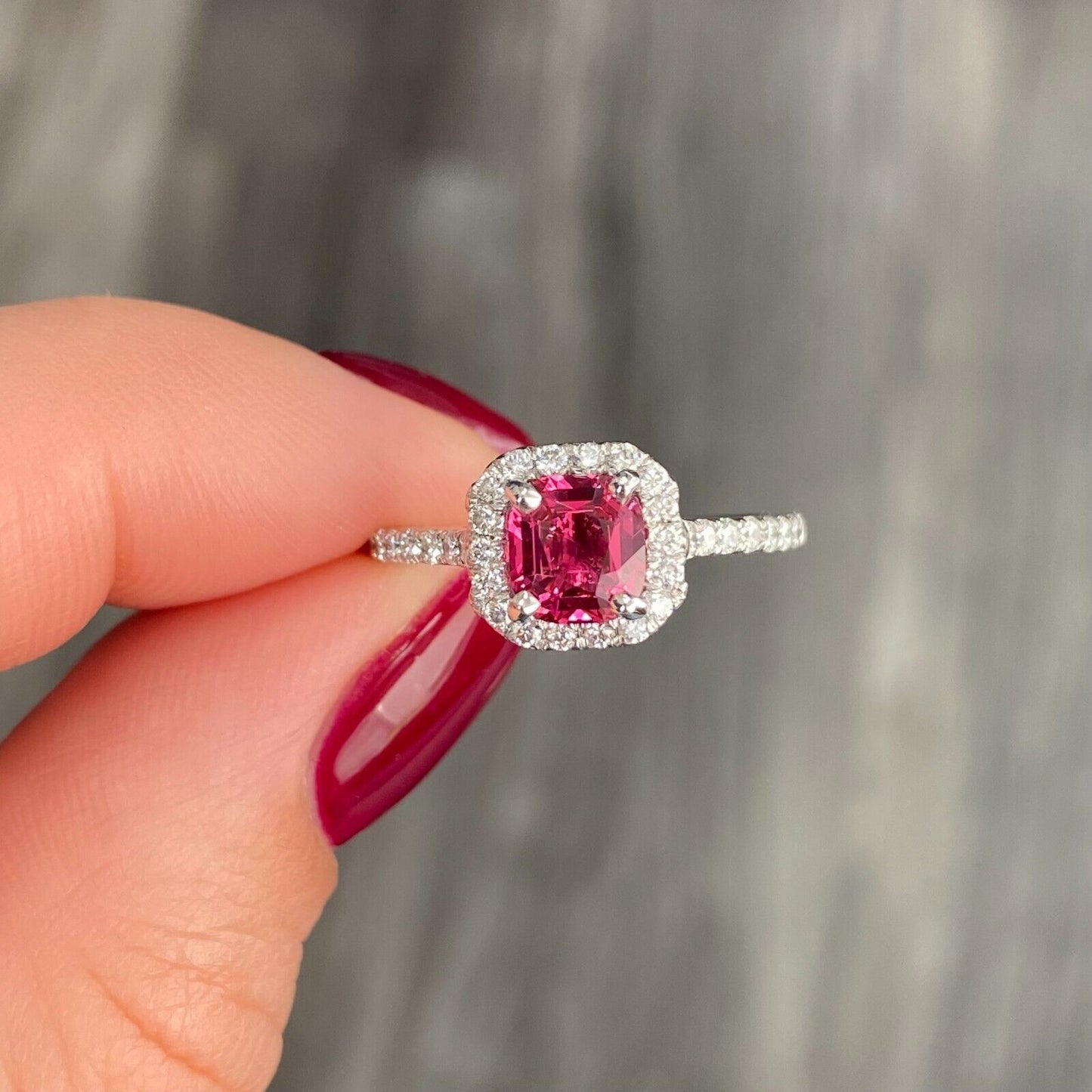 18k Gold 1ct Jedi (Pinkish-Red) Burma Spinel & 0.45ctw Diamond Halo Ring  6us