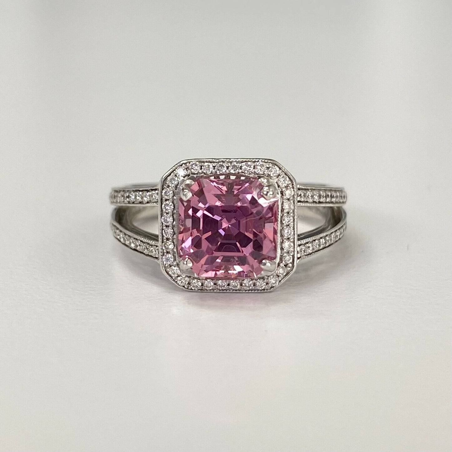 18k Gold Pink Spinel & Diamond Halo Split Shank Ring  5.75us