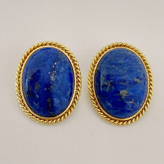 Vintage 18k Yellow Gold Lapis Blue Oval Clip on Earrings