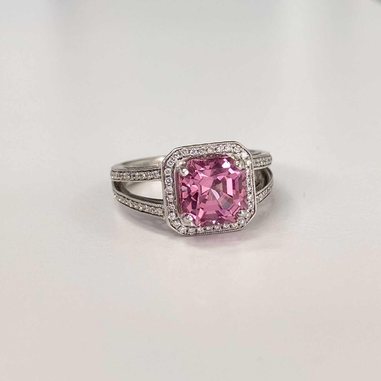 18k Gold Pink Spinel & Diamond Halo Split Shank Ring  5.75us