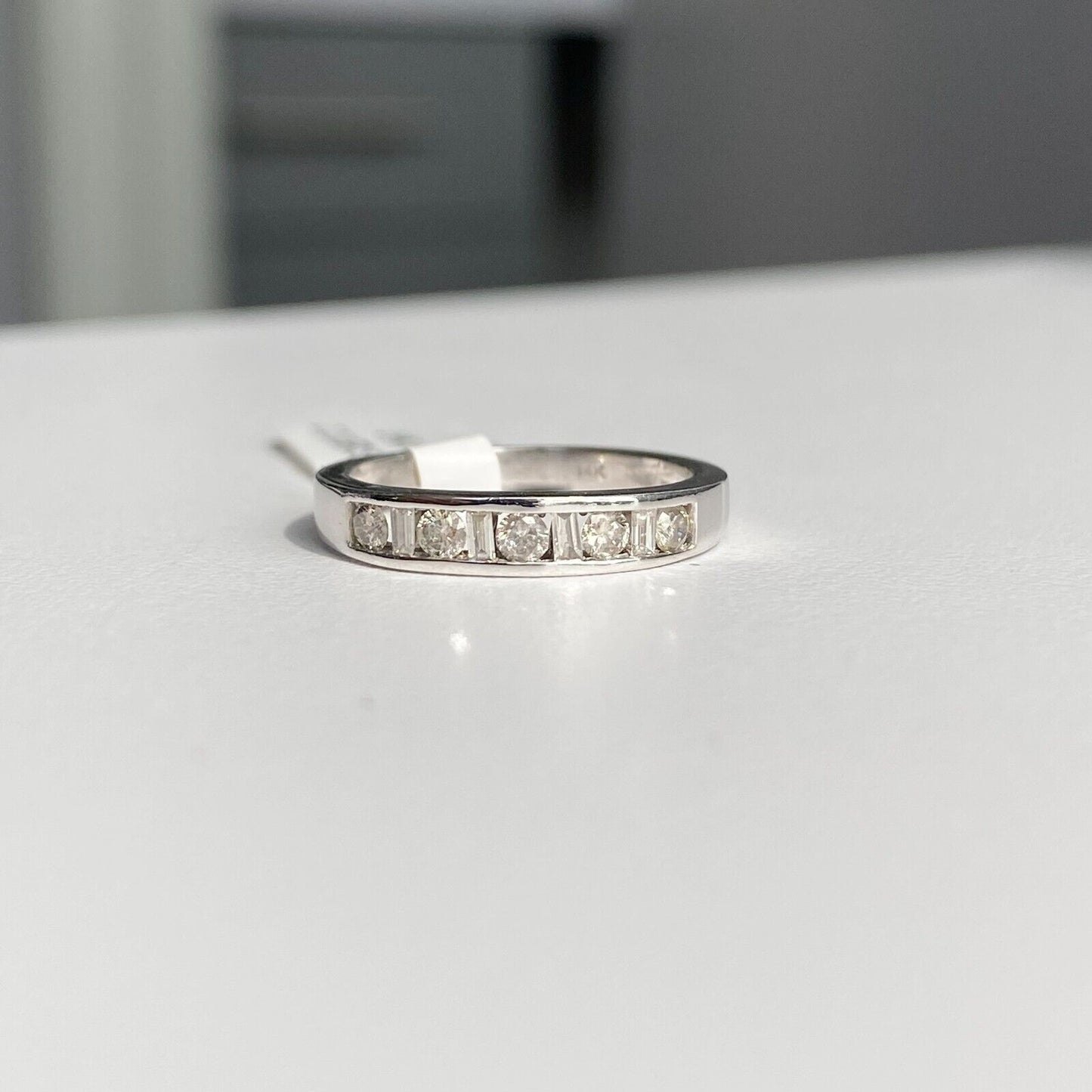 14k White Gold Round & Baguette Cut Diamonds Half Eternity Band Ring