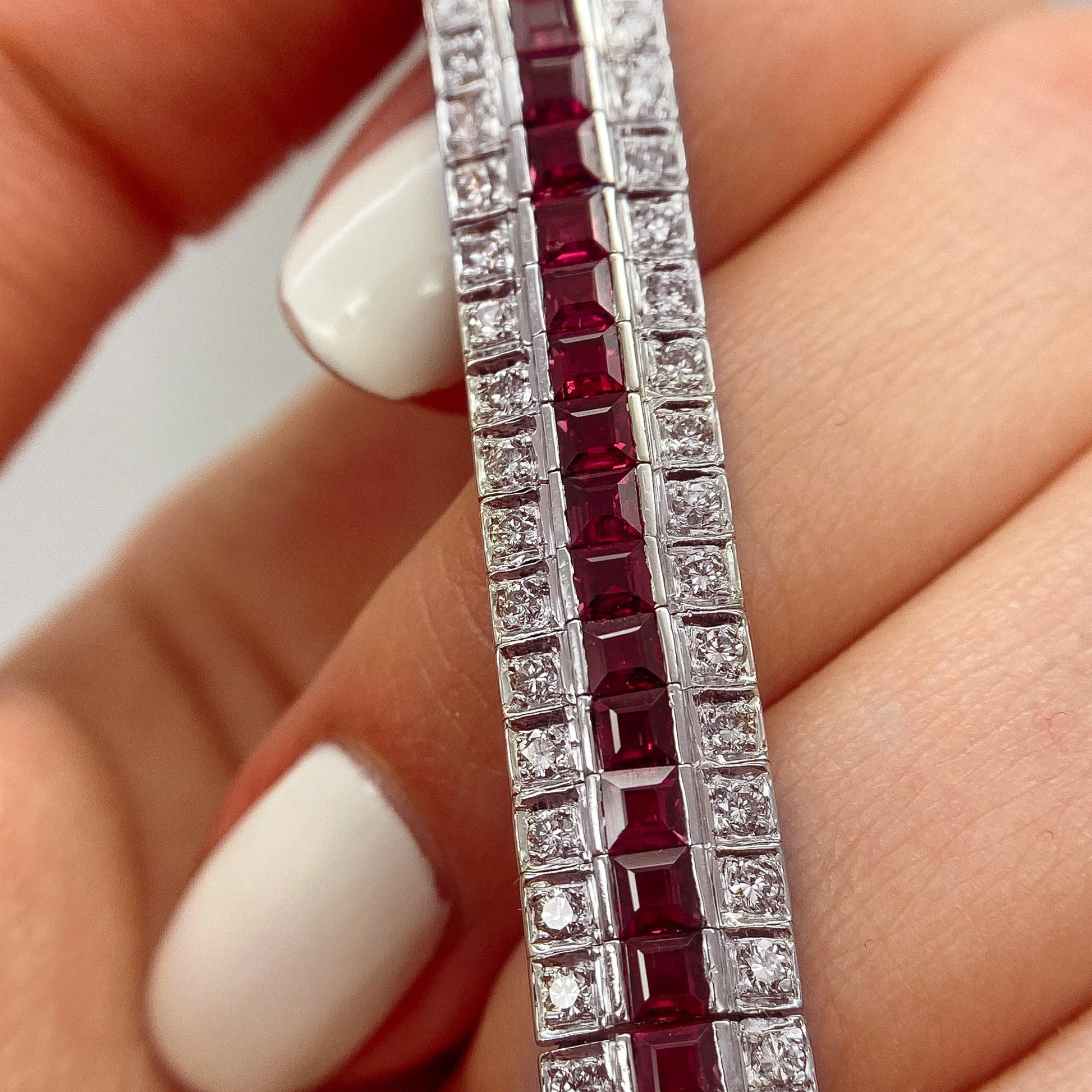 7.7cts No Heat Rubies & White Diamonds Art Deco Bracelet in 18K White Gold 30g